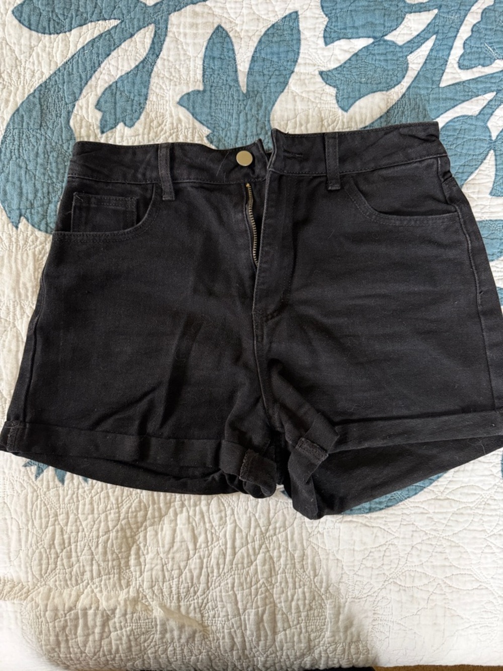 SHEIN Black High-Rise Rolled Hem Denim Shorts